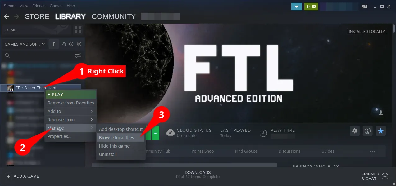 Right-clicking FTL in the Steam library and choosing Manage then Browse local files