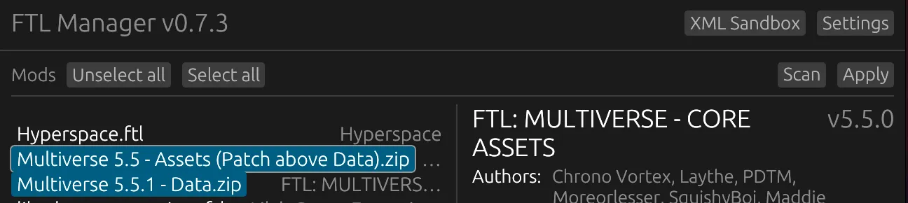 ftlman with Multiverse Assets ticked directly above Multiverse Data, and Hyperspace.ftl left unticked