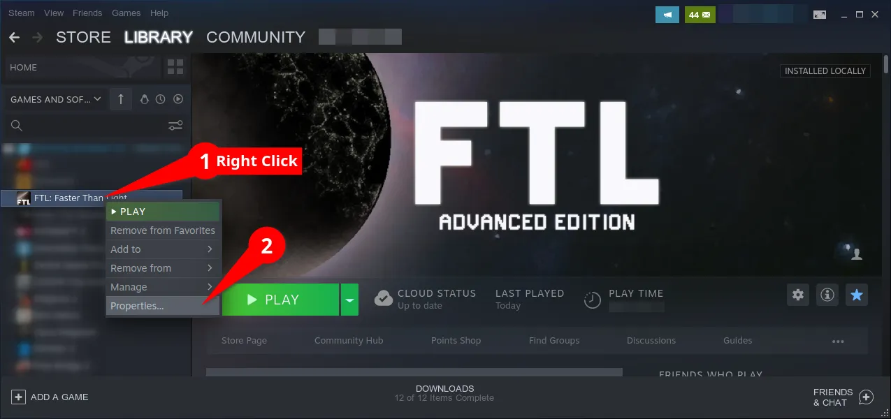 Right-clicking FTL in the Steam library and choosing Properties