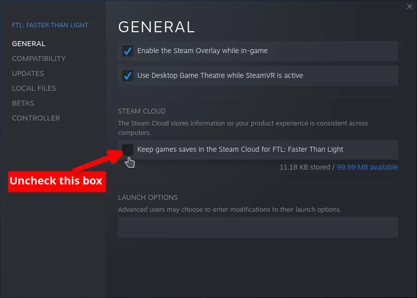 The General tab of FTL's Steam properties with the Steam Cloud checkbox unticked